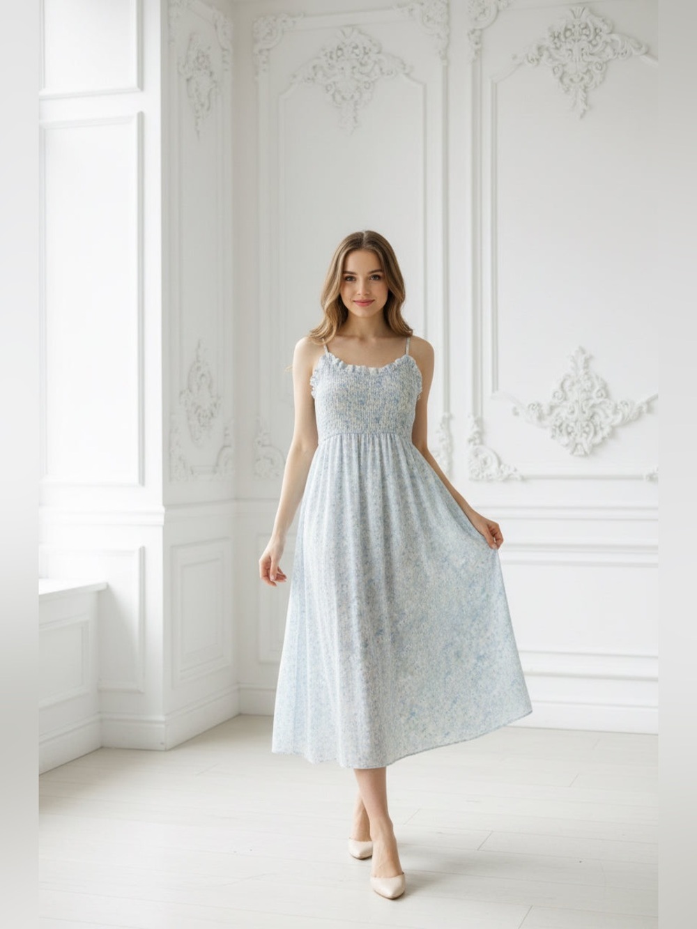 Smocked Light Blue Floral Maxi Dress with Spaghetti Straps